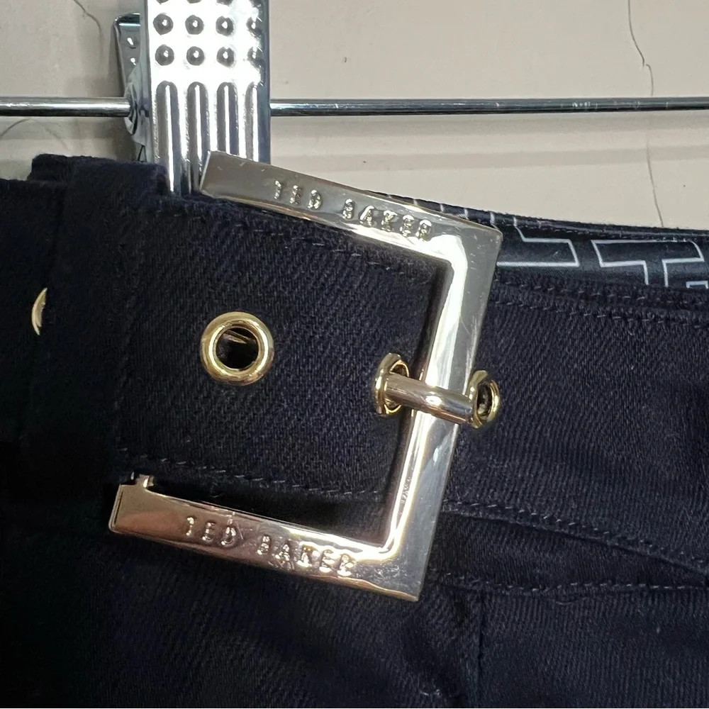 Ted Baker Alaiina Navy Blue Front Double Buckle Pleated‎ Tapered Trouser Pants